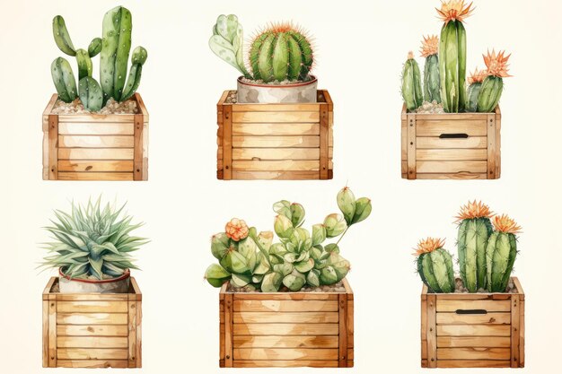 boîtes en bois clipart cactus rustique aquarelle fond blanc