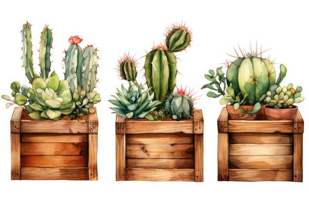 boîtes en bois clipart cactus rustique aquarelle fond blanc