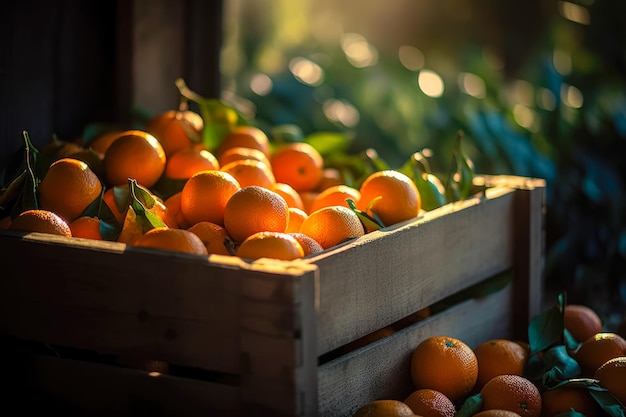 Des boîtes en bois décorées de fruits d'orange remplissant les boîtes de bois et la zone de jardin d'oranges AI générative