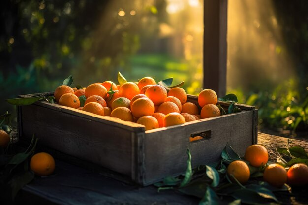 Des boîtes en bois décorées de fruits d'orange remplissant les boîtes de bois et la zone de jardin d'oranges AI générative