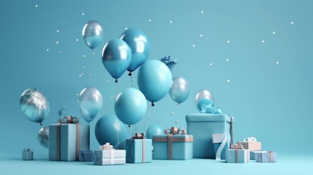 Boîtes cadeaux de ballons et confettis en tons bleus avec espace de copie