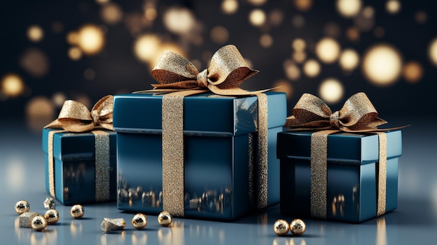 Des boîtes cadeaux bleues avec des nœuds en or sur fond noir