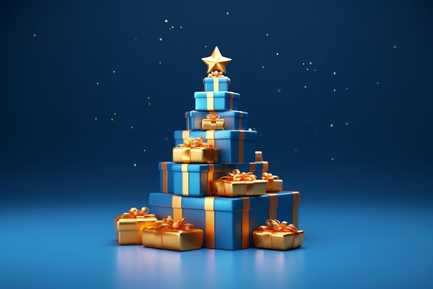 Des boîtes cadeaux bleues avec un ruban doré disposées comme un arbre de Noël avec une étoile sur fond bleu.