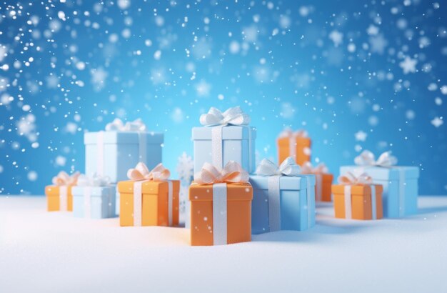 boîtes de cadeaux bleues sous la neige avec des nœuds blancs