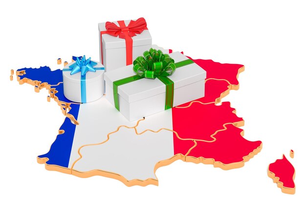 Photo boîtes à cadeaux sur la carte française fêtes de noël et du nouvel an en france concept rendu 3d isolé sur fond blanc