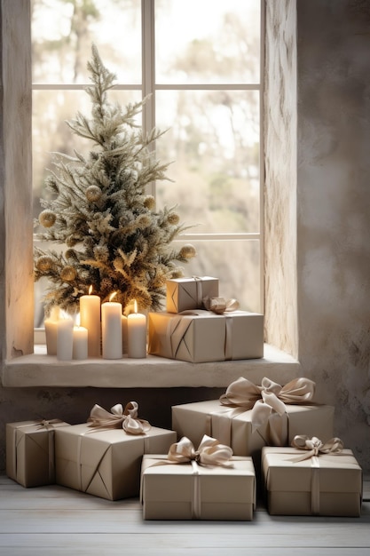 Boîtes à cadeaux sur un comptoir blanc le fond est une pièce confortable et le thème est Noël et terreux