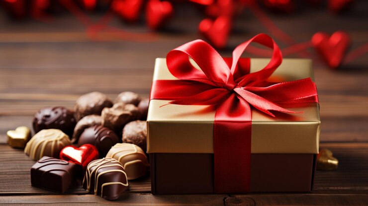 boîtes cadeaux concept de la Saint-Valentin avec chocolat et cœur rouge sur fond en bois