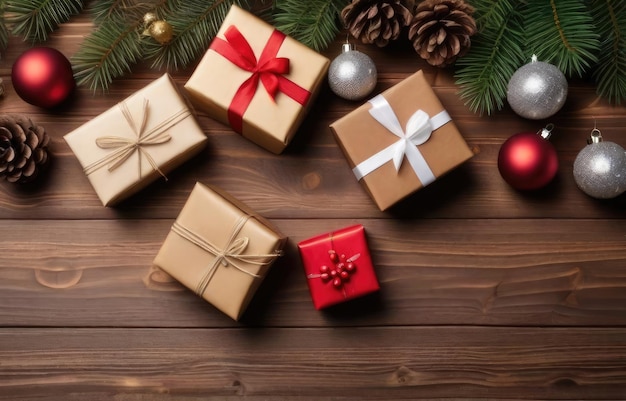 Boîtes à cadeaux et décoration de Noël sur fond de bois Vue supérieure avec espace de copie