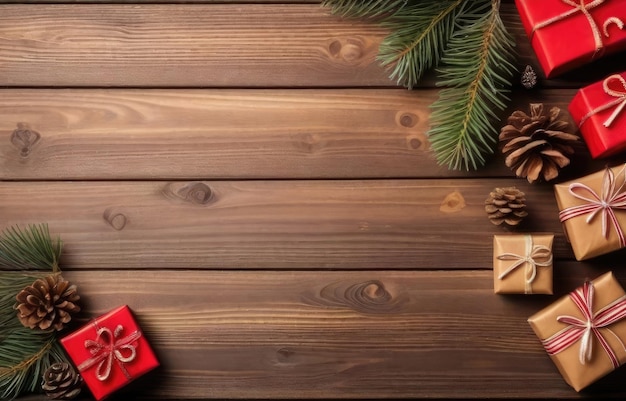 Boîtes à cadeaux et décoration de Noël sur fond de bois Vue supérieure avec espace de copie