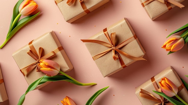 Des boîtes cadeaux décorées pour la fête des mères avec des nœuds de ruban et des tulipes sur un fond rose pastel isolé