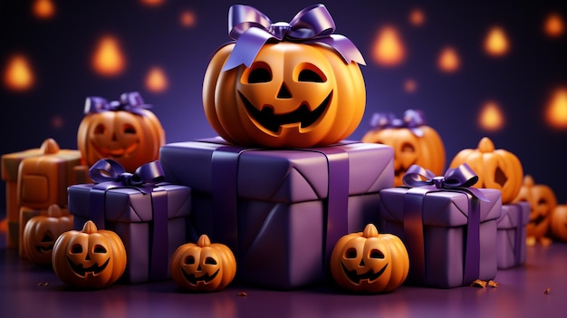 boîtes de cadeaux de dessins animés avec une lanterne d'Halloween