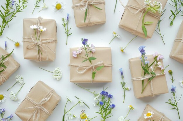 Boîtes cadeaux écologiques et fleurs sur table blanche