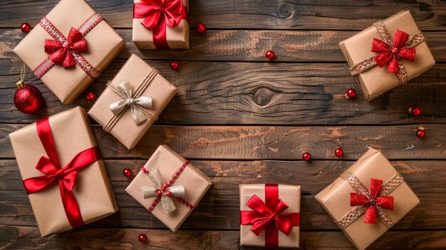 Boîtes cadeaux festives avec des flèches rouges élégantes sur fond de bois rustique Concept de cadeau de vacances