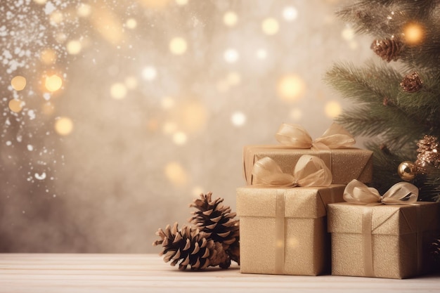 Boîtes-cadeaux de fond de Noël et du nouvel an et pommes de pin et branches sur le fond de l'espace de copie de guirlandes de bokeh