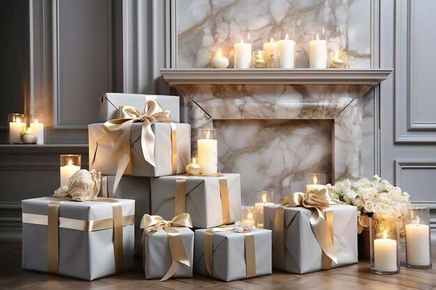 Des boîtes cadeaux grises avec des nœuds dorés, des roses blanches et des bougies dans un intérieur gris.