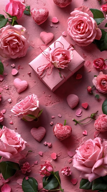 Boîtes cadeaux à la mode fleurs de rose et cœurs sur un fond coloré espace de la fête de la Saint-Valentin pour le texte