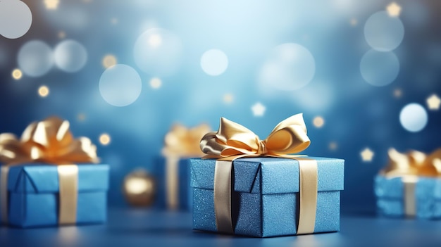 Boîtes de cadeaux de Noël avec un nœud doré sur un fond de fête bleu décentré