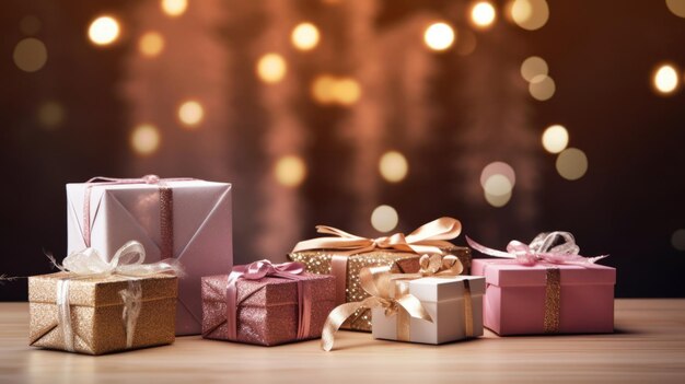 Des boîtes de cadeaux de Noël sur une table en bois prêtes pour une fête joyeuse Joyeux Noël et bonne année 2024