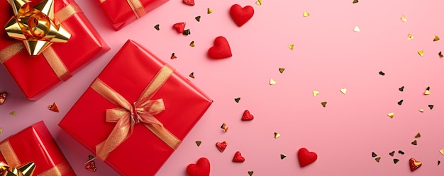Boîtes-cadeaux avec un nœud en ruban doré et des cœurs rouges sur fond rose clair Cadeau pour femme