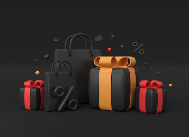 Boîtes-cadeaux noires 3D avec des nœuds rouges et jaunes, sacs d'achat et signe de pourcentage, bannière de style réaliste minimaliste pour la publicité de la vente pour le Black Friday ou le Nouvel An.