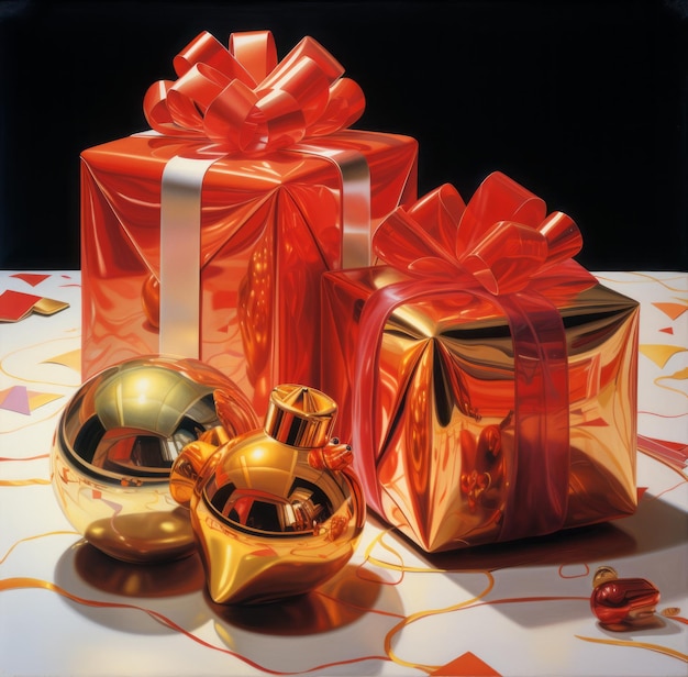 Photo des boîtes de cadeaux en or avec des nœuds dessus