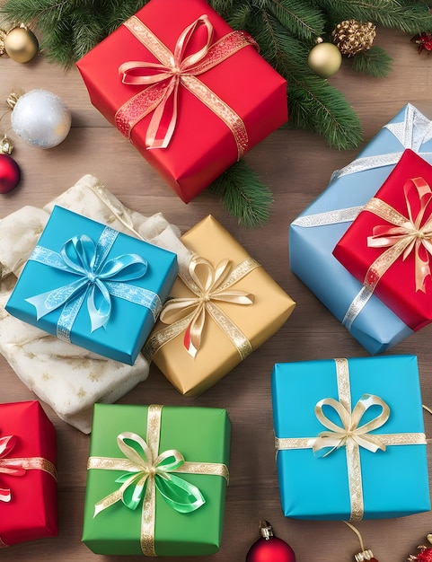 Photo boîtes à cadeaux et ornements de noël sur fond en bois vue de haut