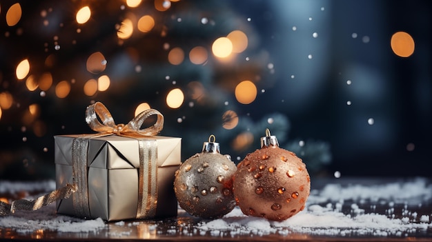 Photo boîtes à cadeaux et pins décoratifs décorez les étoiles sur l'arbre boîtes de noël sur la neige de l'arbre