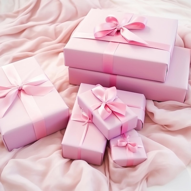 Des boîtes cadeaux roses élégantes avec un ruban de satin rose sur fond de soie Concept festif IA générative