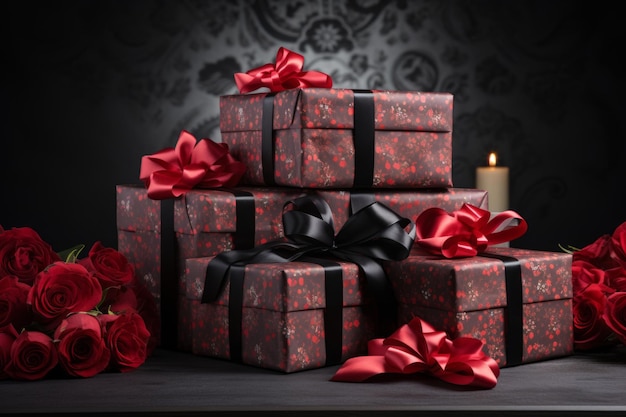 Des boîtes-cadeaux rouges élégamment disposées avec un ruban et un nœud noirs élégants sur un fond noir élégant