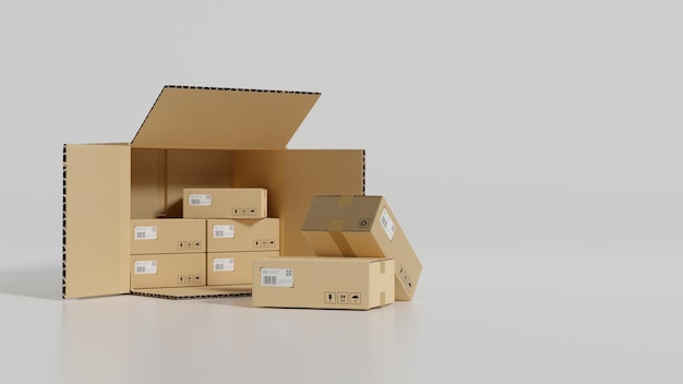 Boîtes en carton, boîtes de colis de livraison, fret, emballage en carton brun sur fond blanc. rendu 3d, illustration 3d