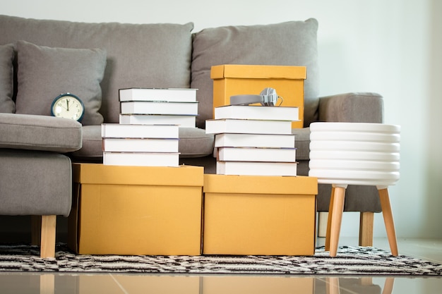 Photo boîtes en carton et canapé pour emménager dans un nouveau style de vie intérieur d'appartement à la maison