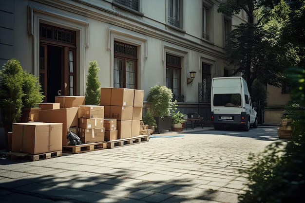 Des boîtes en carton et des choses livrées à un nouvel appartement Déménagement Plusieurs boîtes en carton avec des choses sont empilées près de l'entrée de la maison