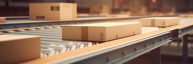 Boîtes en carton sur le concept d'emballage d'entrepôt à bande transporteuse AI générative