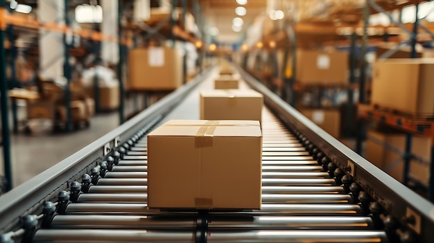 Boîtes en carton sur un convoyeur dans un grand entrepôt logistique et concept de livraison