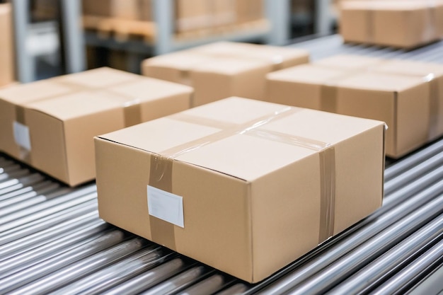 Des boîtes en carton sur une courroie transportatrice dans un entrepôt présentant la logistique et l'expédition
