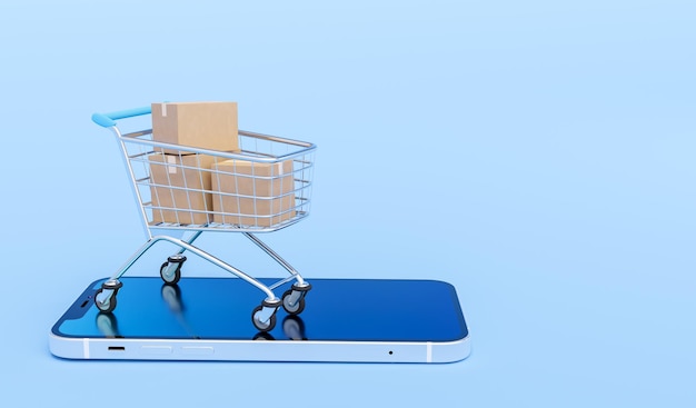 Boîtes en carton dans le panier sur le smartphone isolé sur fond bleu concept de magasinage en ligne de commerce électronique rendu 3D