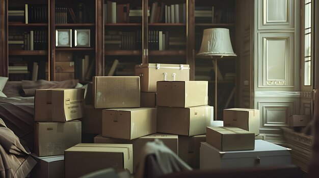 Des boîtes de carton empilées dans un environnement domestique suggèrent une organisation Ai générée