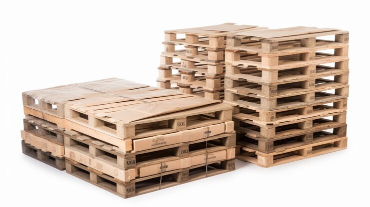 Boîtes en carton empilées sur des palettes d'expédition industrielles isolées sur blanc