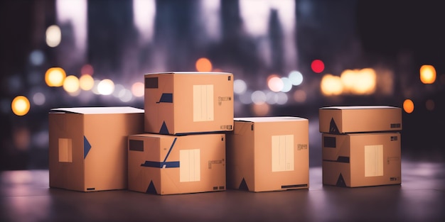 Boîtes en carton sur fond flou logistique et concept de livraison AI générative