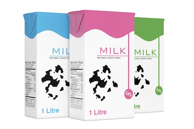Photo boîtes en carton de lait sur fond blanc. rendu 3d
