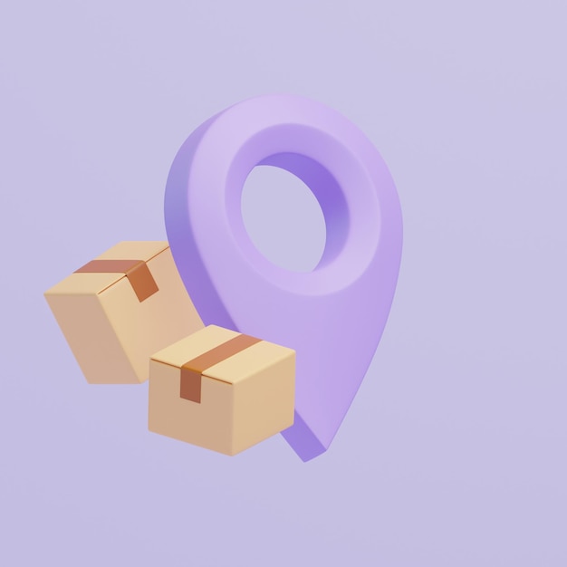 Boîtes en carton avec pointeur d'emplacement violet sur fond lilas pastel illustration de rendu 3d
