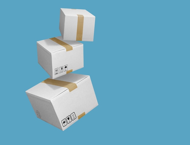 Des boîtes à colis en carton blanc sur un fond bleu turquoise