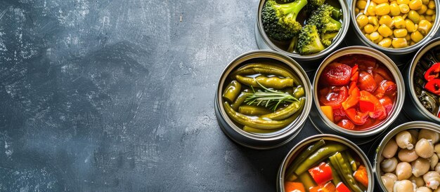 Photo des boîtes de conserves de légumes ouvertes sur une table grise disposée à plat avec de la place pour le texte