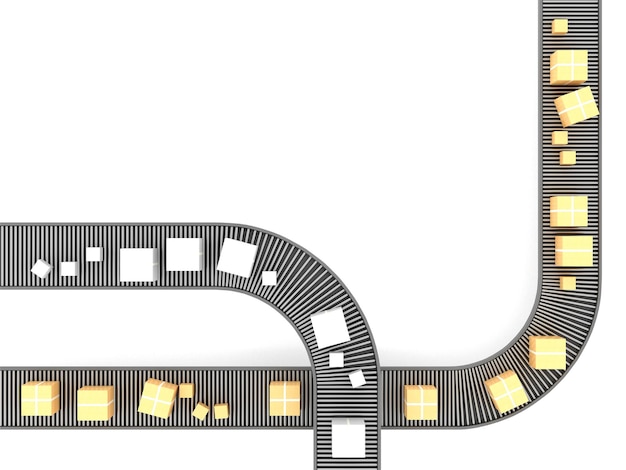 Boîtes sur convoyeur à rouleaux à bande transporteuse sur fond blanc rendu 3D