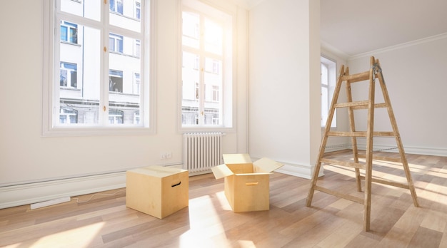 Boîtes de déménagement dans une salle vide avec échelle comme image de concept d'agence de relocalisation ou d'expédition