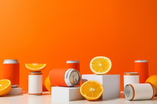Boîtes d'étain et oranges sur fond orange espace pour le texte
