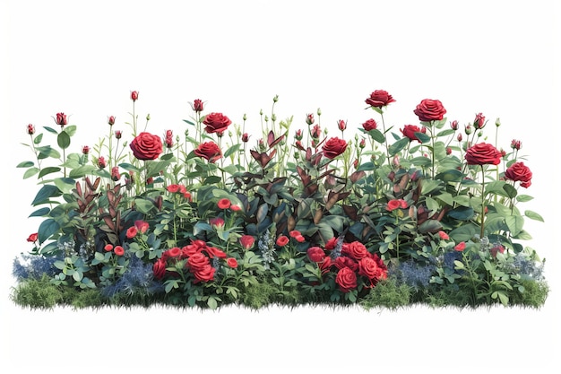 Boîtes de fleurs découpées Plantes et fleurs rouges Le feuillage luxueux des buissons et arbustes verts Les roses rouges