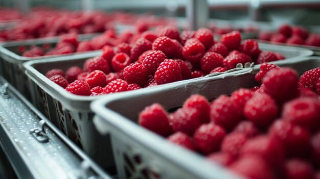 Des boîtes de framboises sur un convoyeur