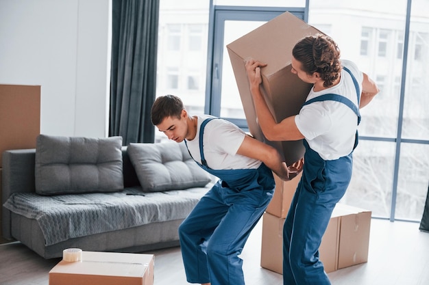 Boîtes lourdes Deux jeunes déménageurs en uniforme bleu travaillant à l'intérieur dans la chambre