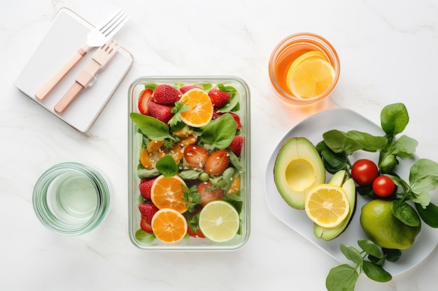 Boîtes à lunch avec de la nourriture délicieuse et un verre de jus sur fond blanc